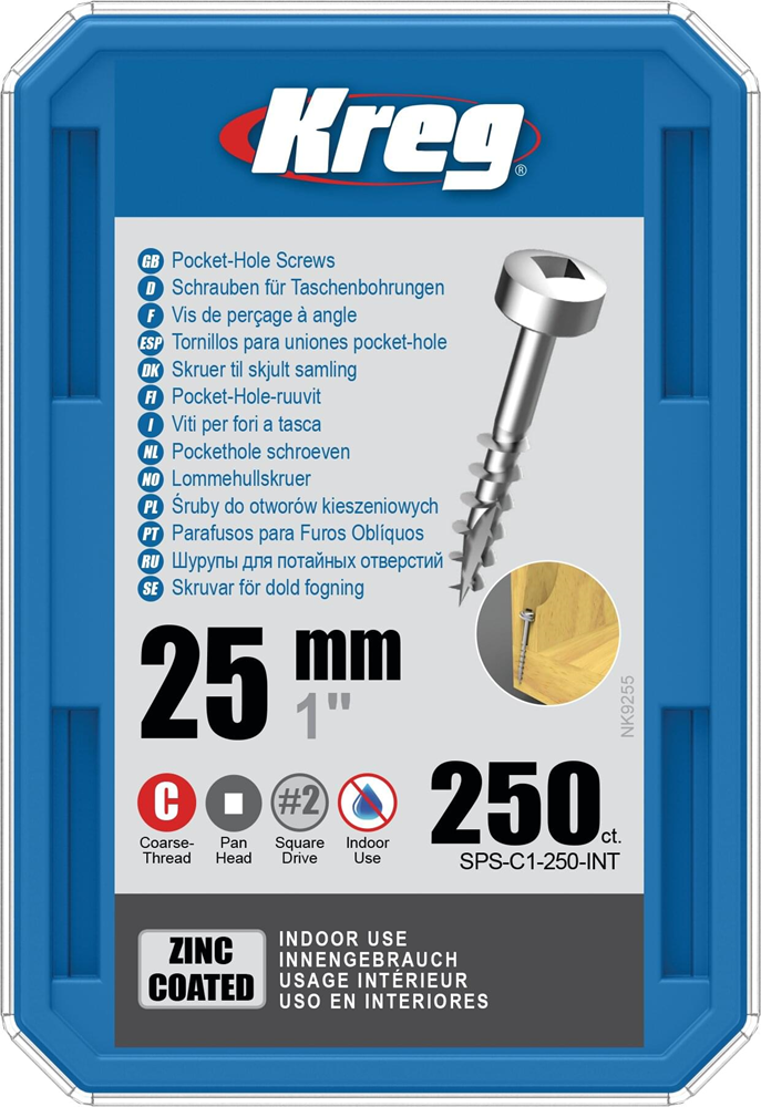 Kreg PH schroeven 25 mm verzinkt Pan-Head grof schroefdraad 250 stuks